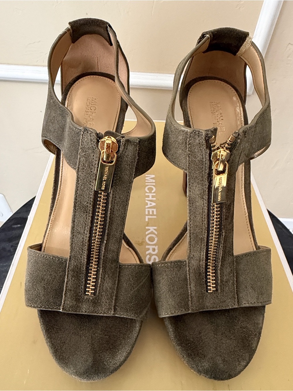 Michael Kors Olive Suede Front-Zip Platform Heels